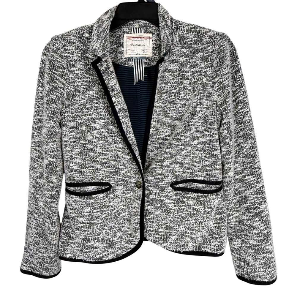 Anthropologie Cartonnier Boucle Tweed‎ Contrast Trim Blazer Black White Sz 8